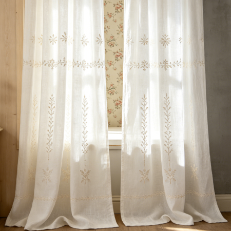 Simple Linen Curtain with Embroidered Vines and Leaves